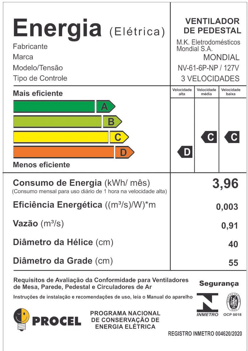 Ventilador de Coluna Mondial Premium NV-61-6P-NP