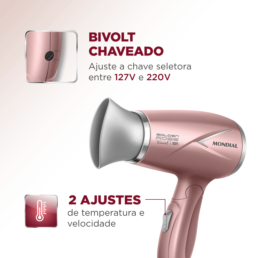 Secador de Cabelos Travel Mondial Golden Rose 1200W SC-47-GR