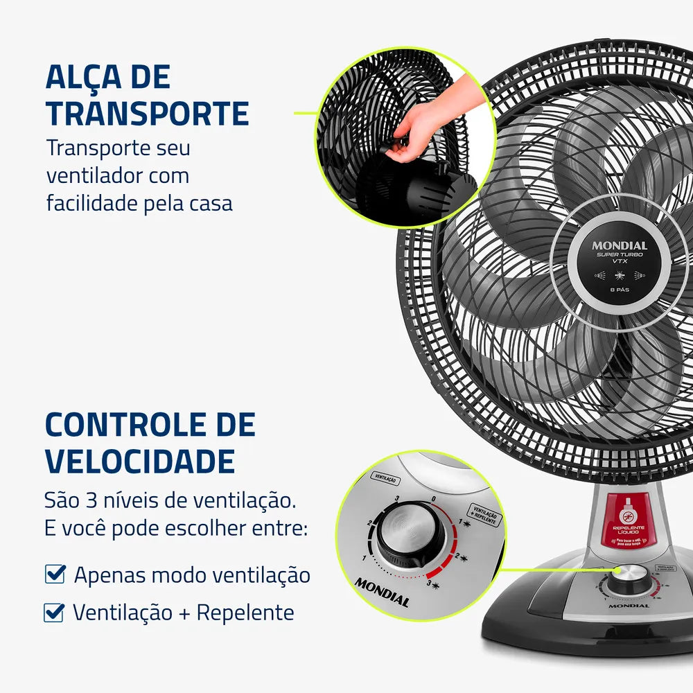 Ventilador de Mesa Mondial Turbo 8 Pás 40 cm Repelente Líquido VTX-40-8P-RL