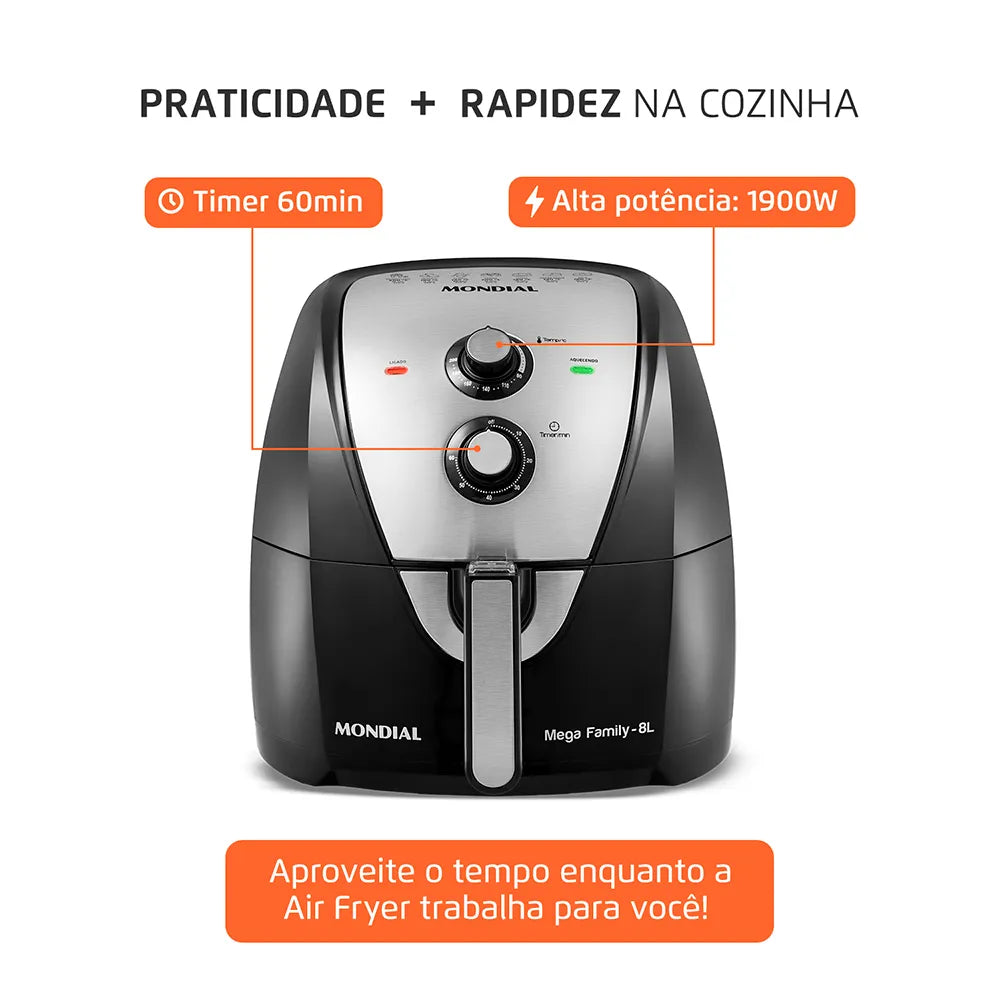 Fritadeira Sem Óleo Air Fryer 8L Mondial Preto Inox 1900W AFN-80-BI
