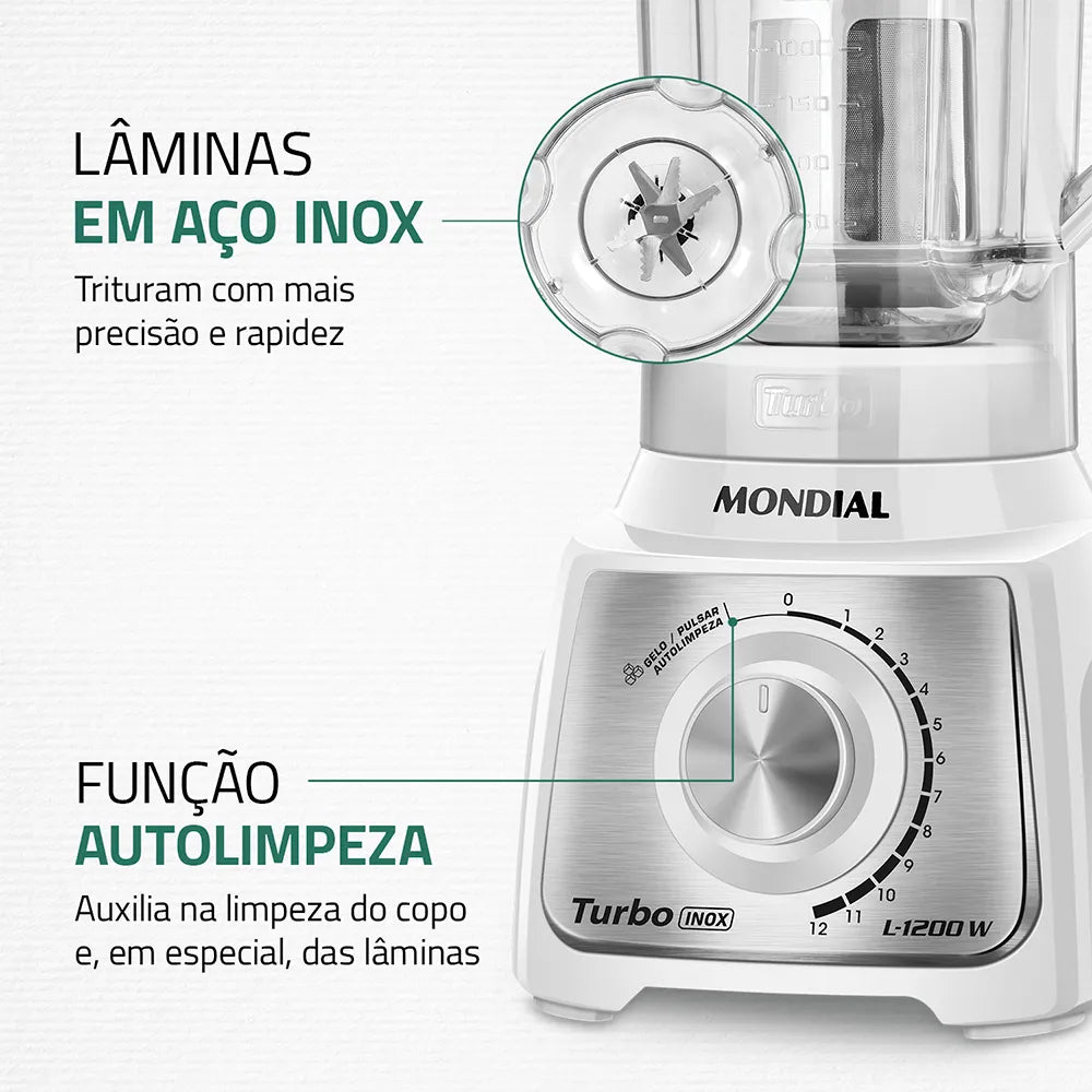 Liquidificador Turbo Mondial Branco/Inox L-1200 WI