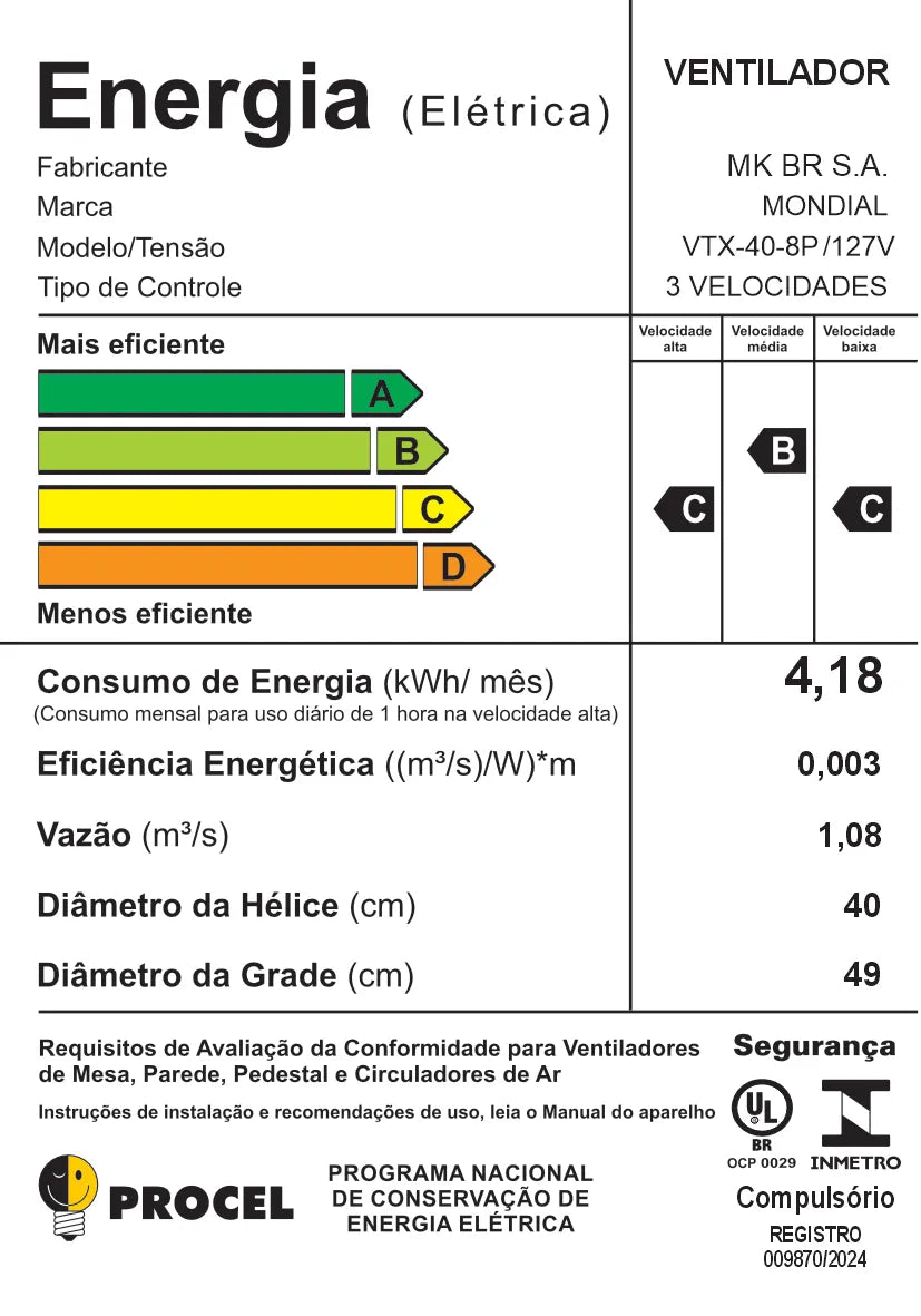 Ventilador de Mesa Mondial Turbo 8 Pás VTX-40-8P