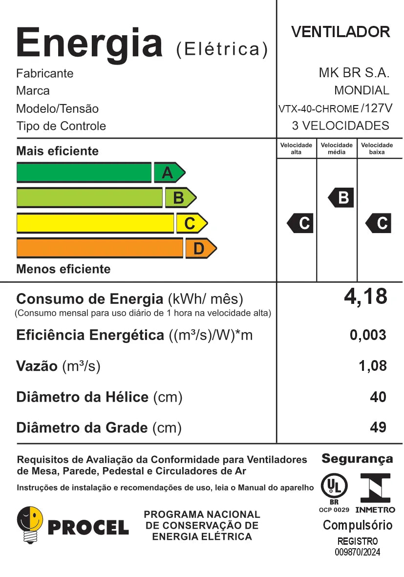 Ventilador de Mesa Mondial Turbo 8 Pás VTX-40-CHROME