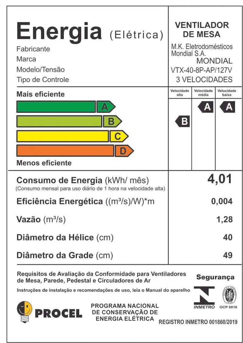 Ventilador de Mesa Turbo Mondial Turbo 40cm 8 Pás VTX-40-8P-AP