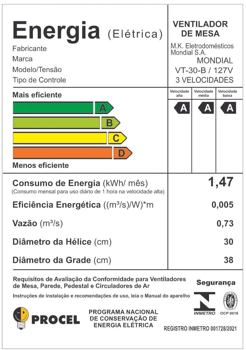 Ventilador de Mesa Turbo Mondial 30cm VT-30-B