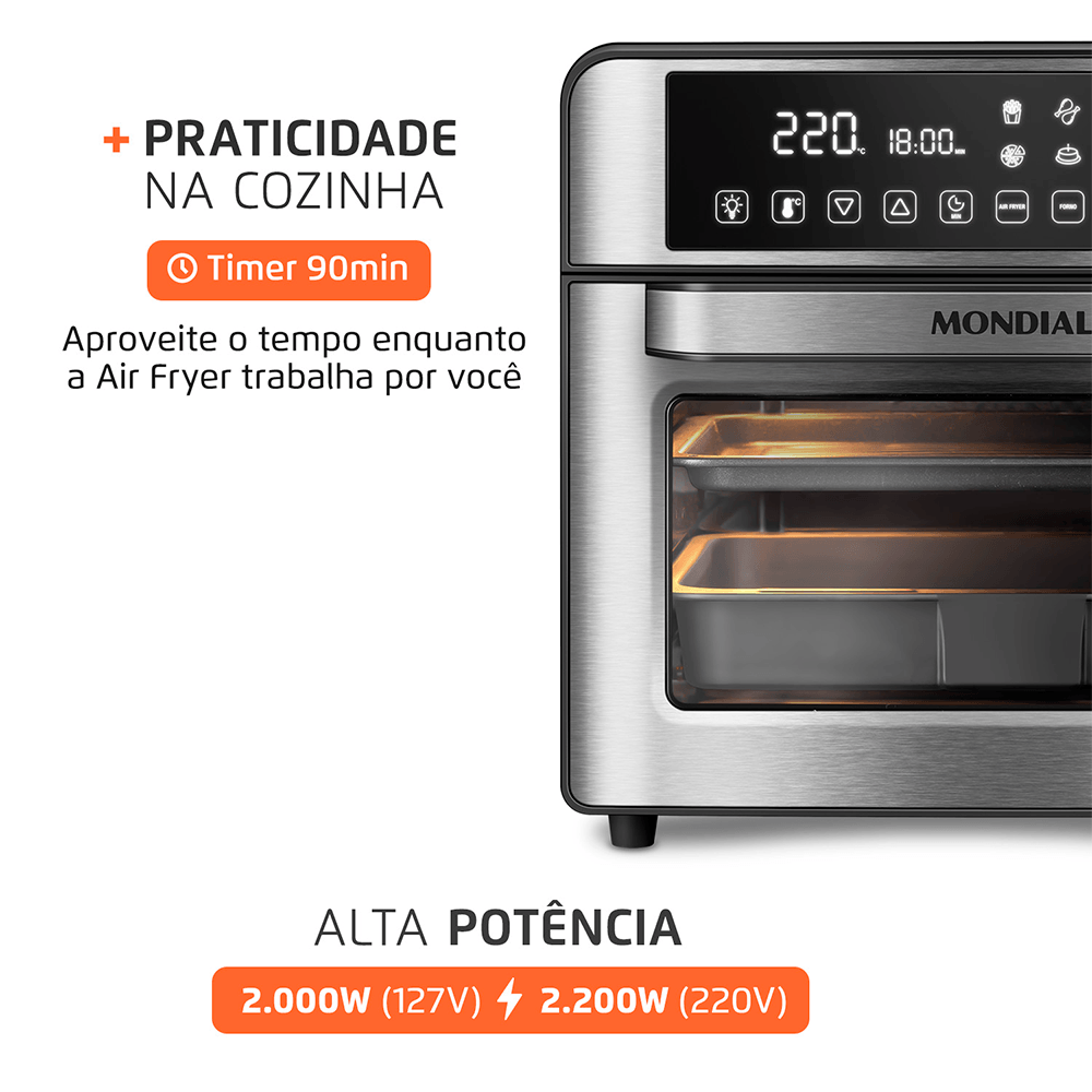Fritadeira Air Fryer Forno Oven Digital 25L Mondial Preto/Inox 2000W - AFO-25L-BI