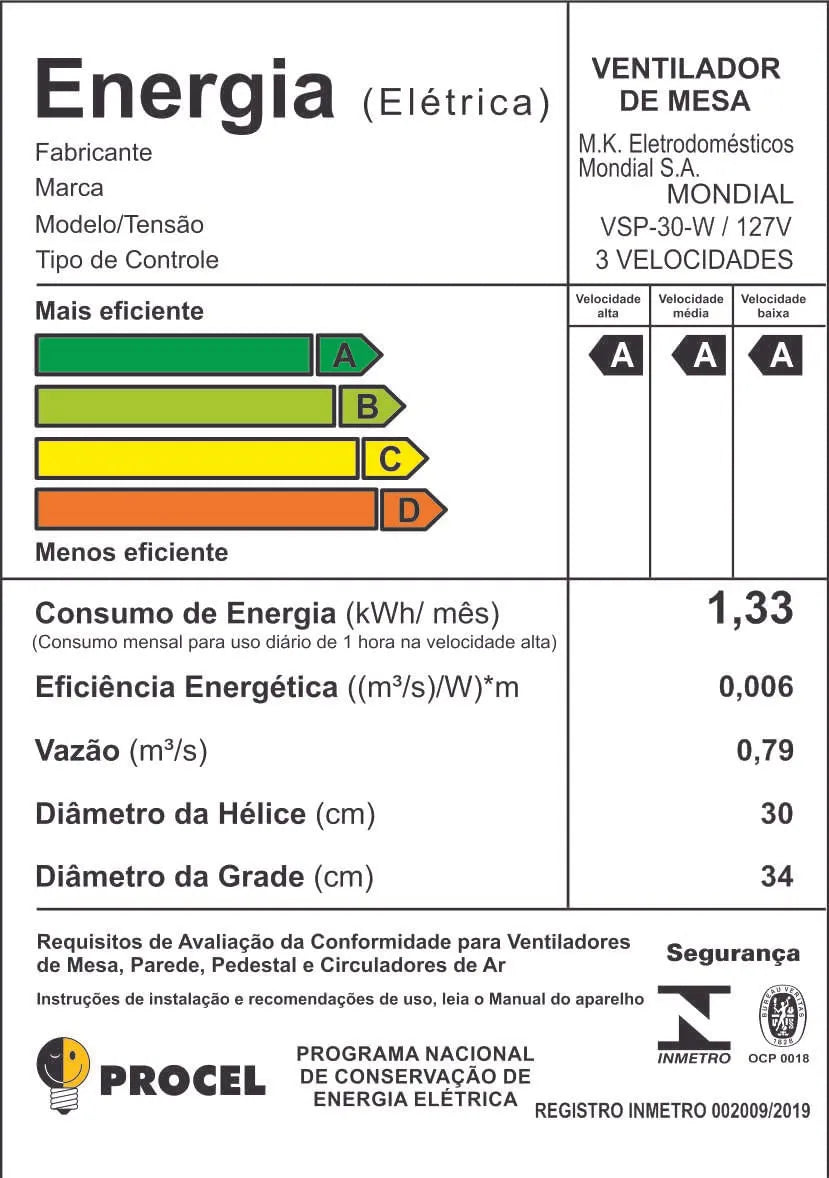 Ventilador de Mesa Mondial 6 pás VSP-30-W