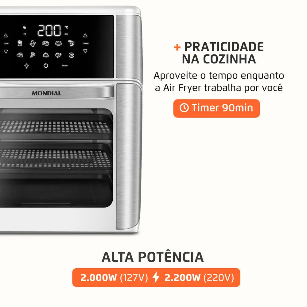 Fritadeira Air Fryer Forno Oven 12L Mondial Branco/Inox 2000W - AFON-12L-WI