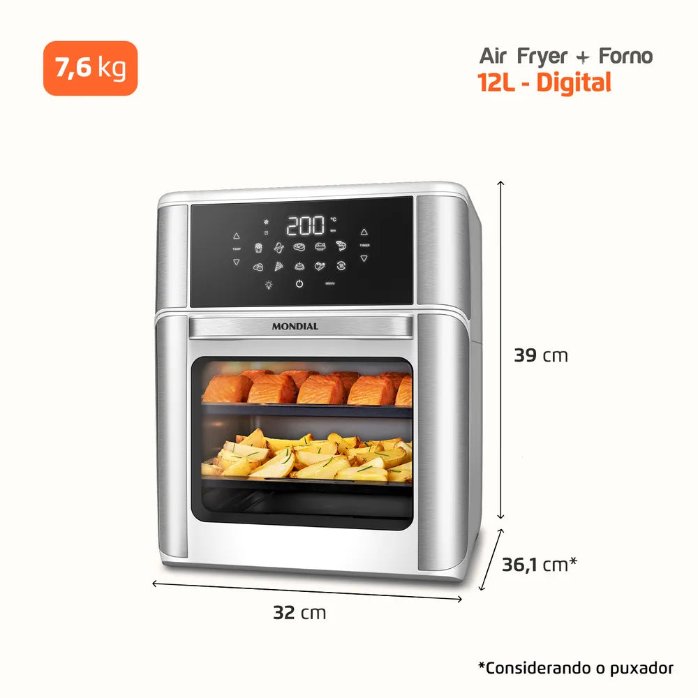 Fritadeira Air Fryer Forno Oven 12L Mondial Branco/Inox 2000W - AFON-12L-WI
