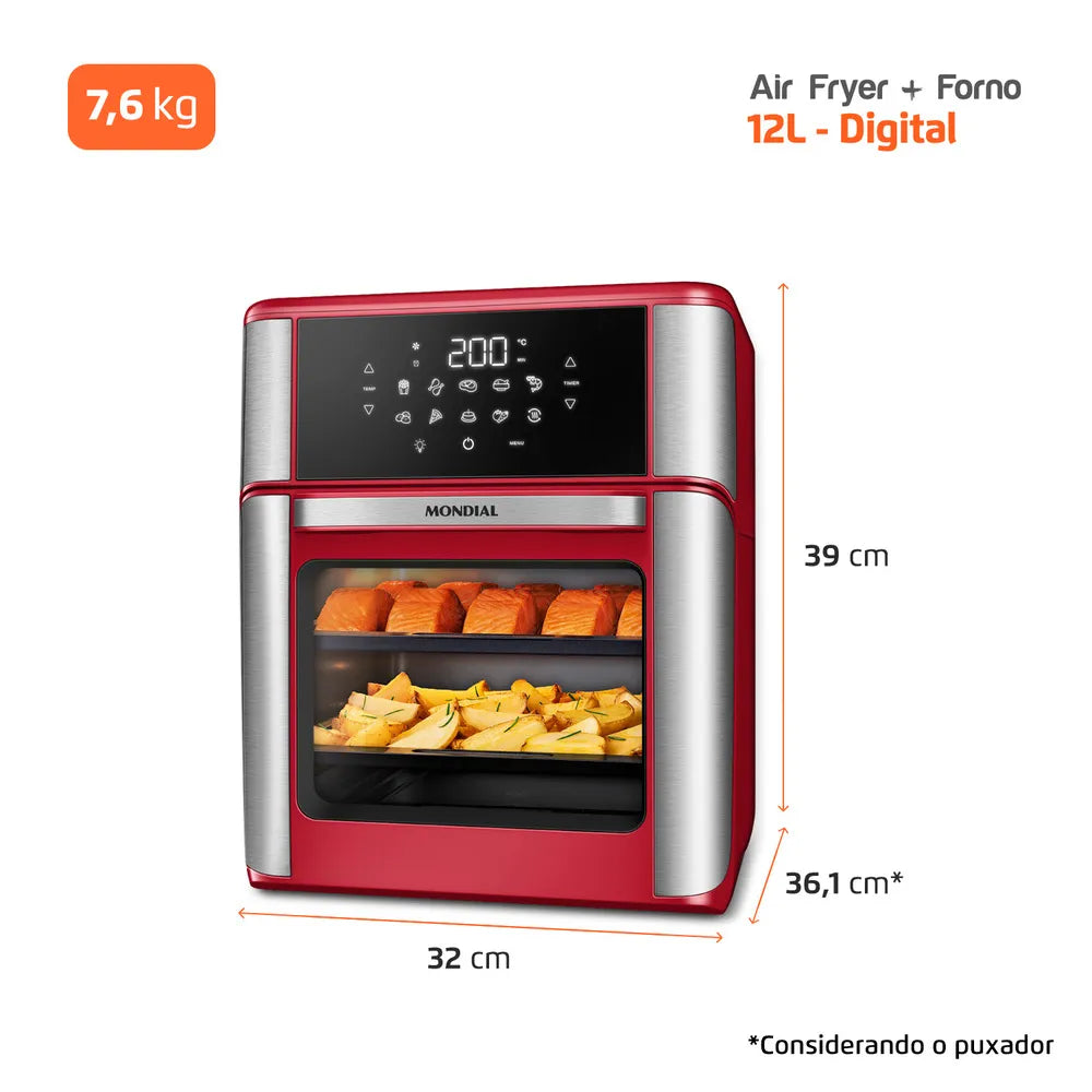 Fritadeira Air Fryer Forno Oven 12L Mondial Vermelho/Inox 2000W - AFON-12L-RI