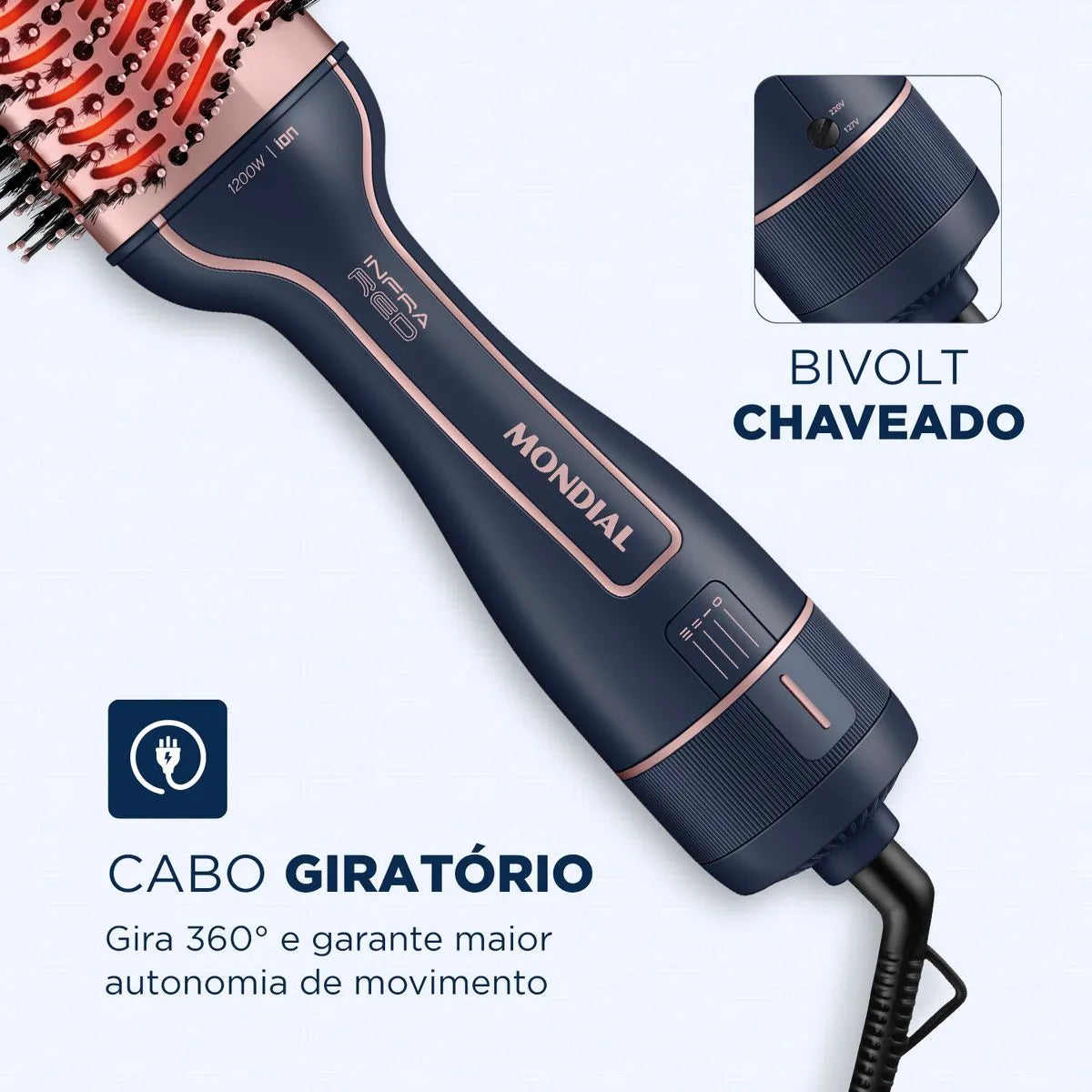 Escova Secadora InfraRed Mondial Azul e Golden Rose 1300W ES-01-IR
