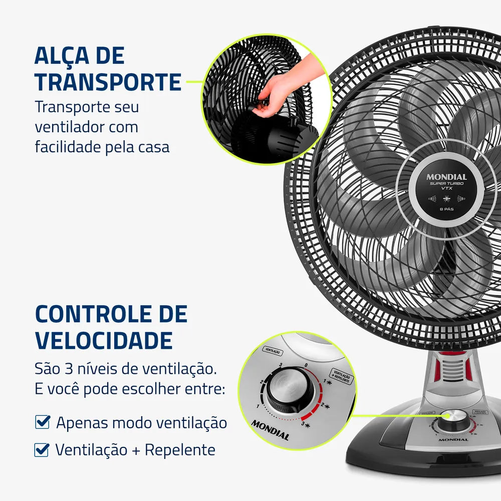 Ventilador de Mesa Mondial Turbo 8 Pás 40 cm Repelente Pastilha VTX-40-8P-RP