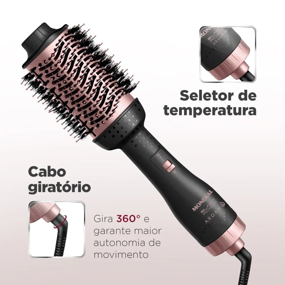 Escova Secadora Argan Mondial Preto e Golden Rose 1200W ES-14-BI