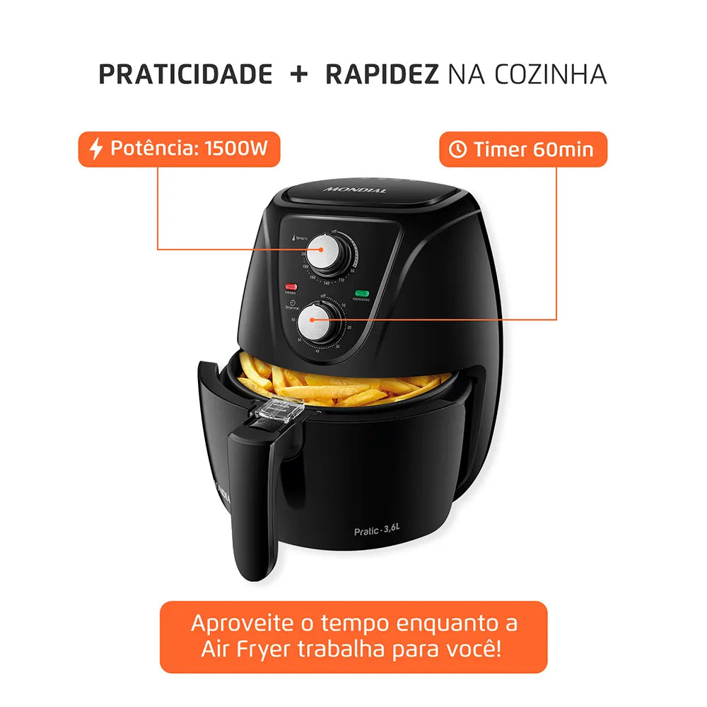 Fritadeira Sem Óleo Air Fryer Pratic 3,6L Mondial Preto 1500W AF-36-FB