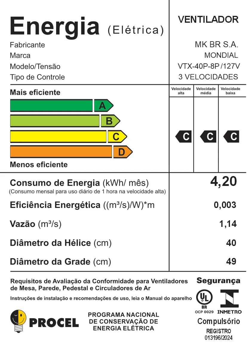 Ventilador de Parede Mondial Turbo 8 Pás VTX-40P-8P