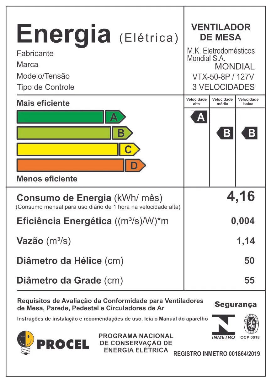 Ventilador de Mesa Mondial Turbo 8 Pás 50cm VTX-50-8P