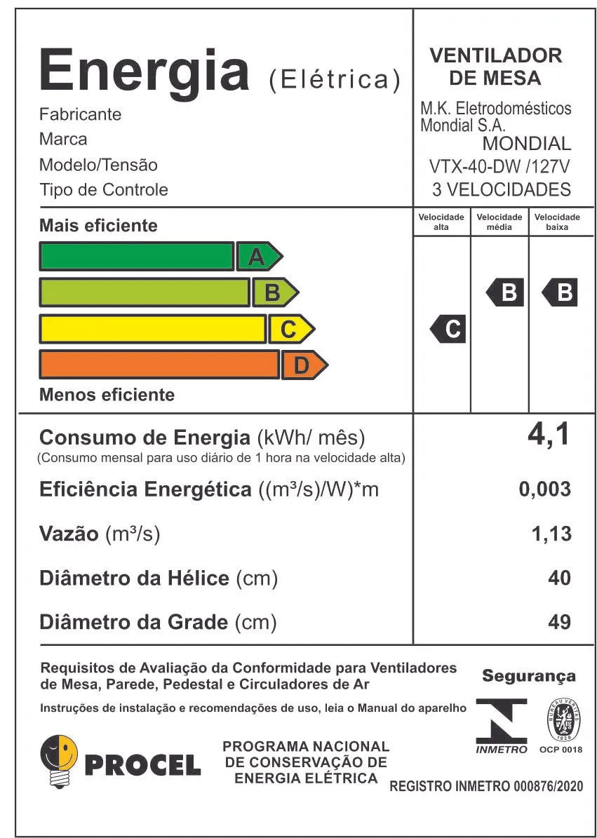 Ventilador de Mesa Mondial Double Wind 40cm 8 Pás VTX-40-DW