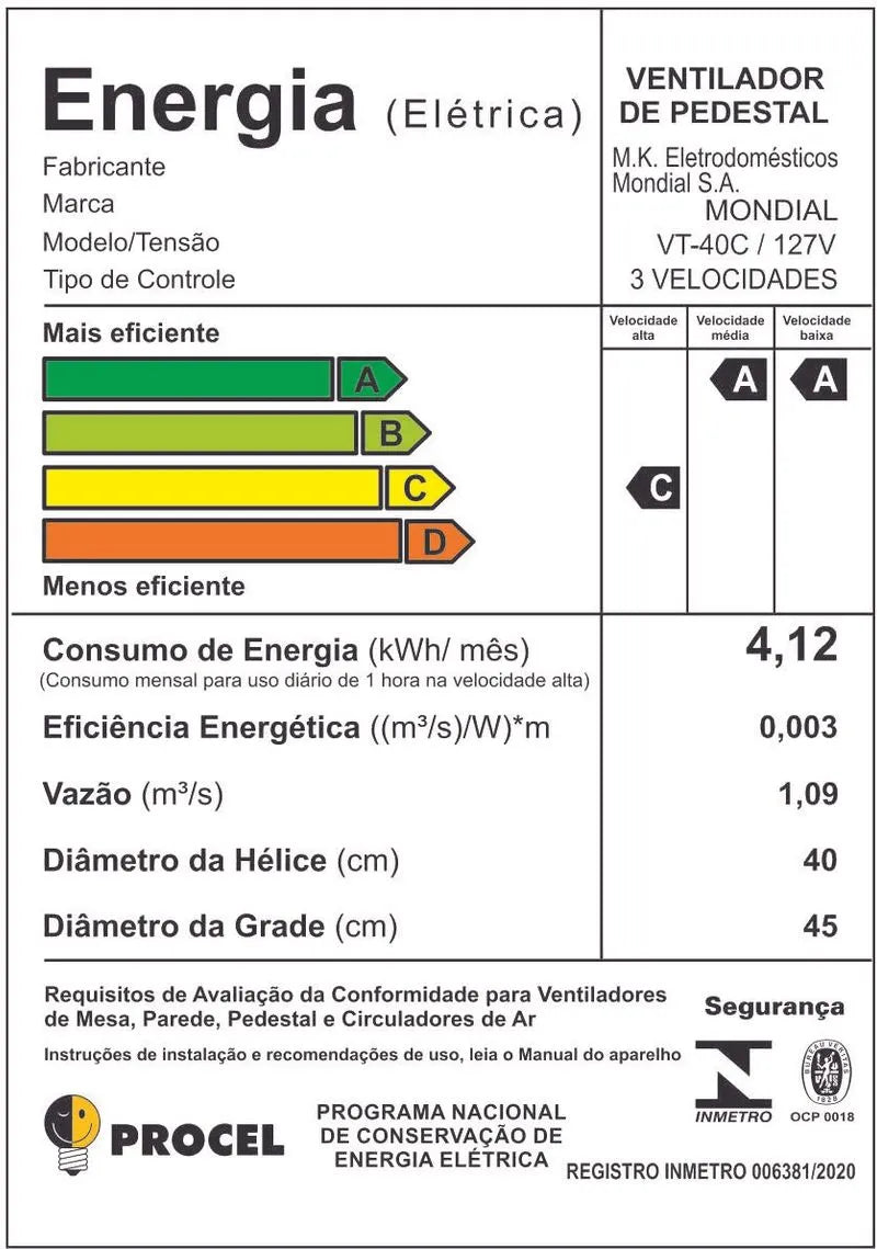 Ventilador de Coluna Mondial VT-40C