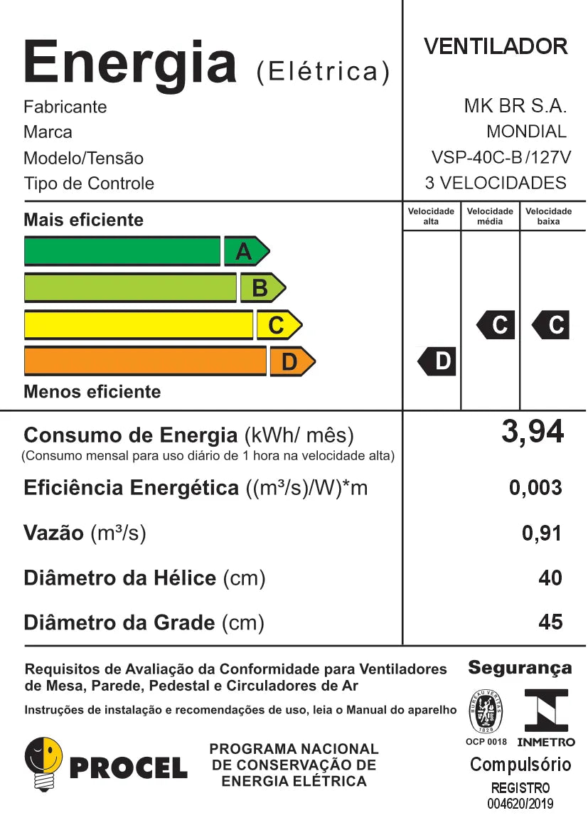 Ventilador de Coluna Mondial 6 pás VSP-40C-B