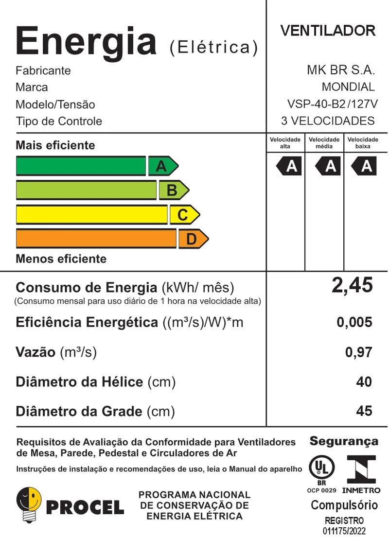Ventilador de Mesa Mondial 6 pás VSP-40-B2