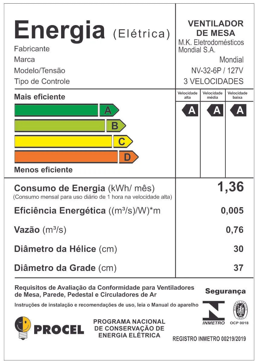 Ventilador de Mesa Mondial Premium NV-32 6P