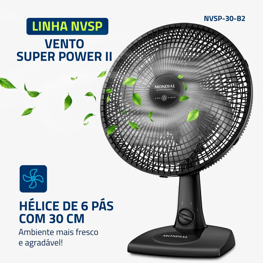 Ventilador de Mesa 30cm Super Power II Mondial Preto 60W- NVSP-30-B2