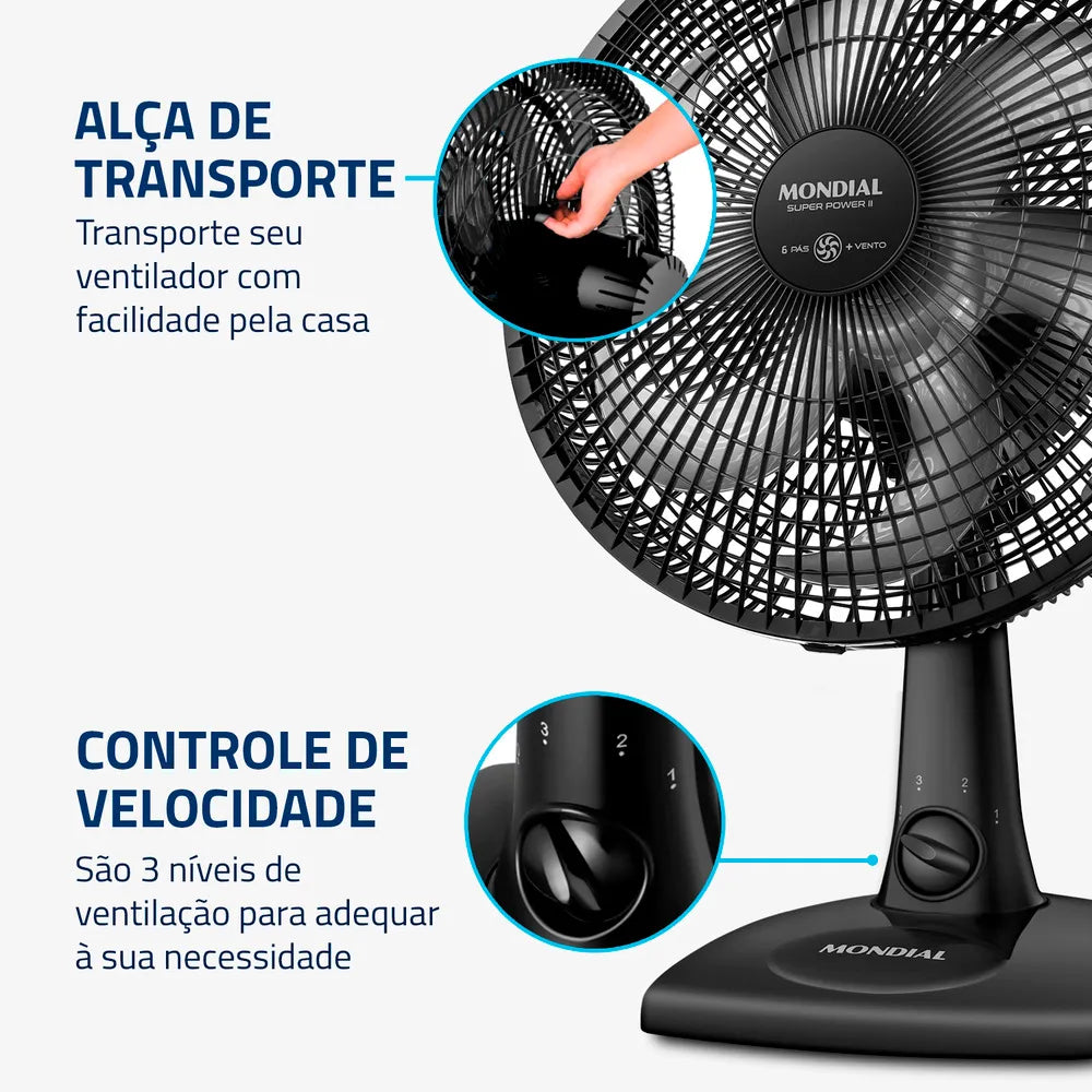 Ventilador de Mesa 30cm Super Power II Mondial Preto 60W- NVSP-30-B2
