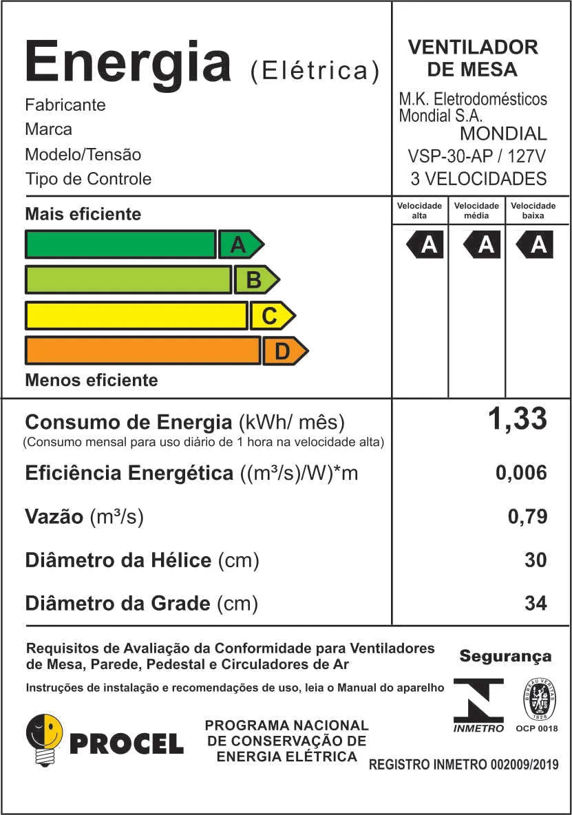 Ventilador de Mesa Mondial 6 pás VSP-30-AP