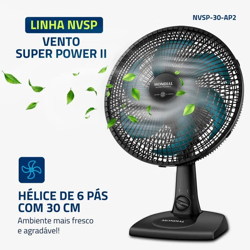 Ventilador de Mesa 30cm Super Power II Mondial Preto/Azul Petróleo 60W - NVSP-30-AP2