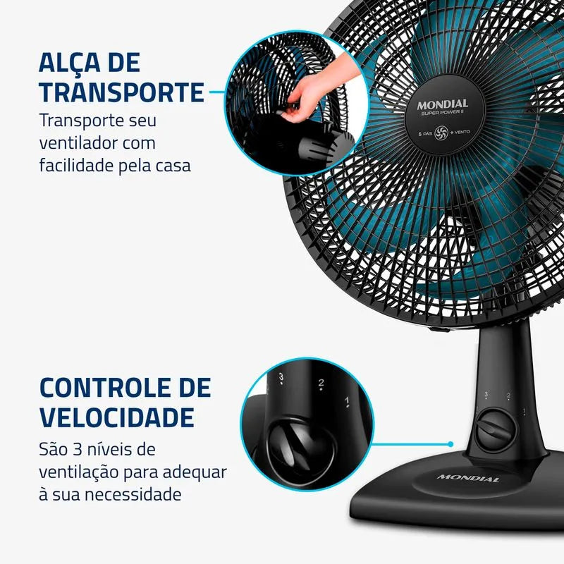 Ventilador de Mesa 30cm Super Power II Mondial Preto/Azul Petróleo 60W - NVSP-30-AP2