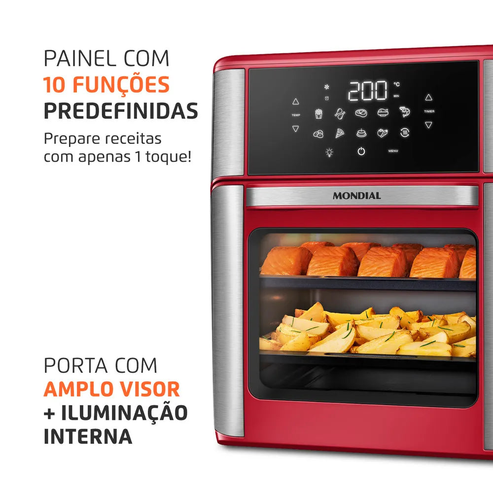 Fritadeira Air Fryer Forno Oven 12L Mondial Vermelho/Inox 2000W - AFON-12L-RI