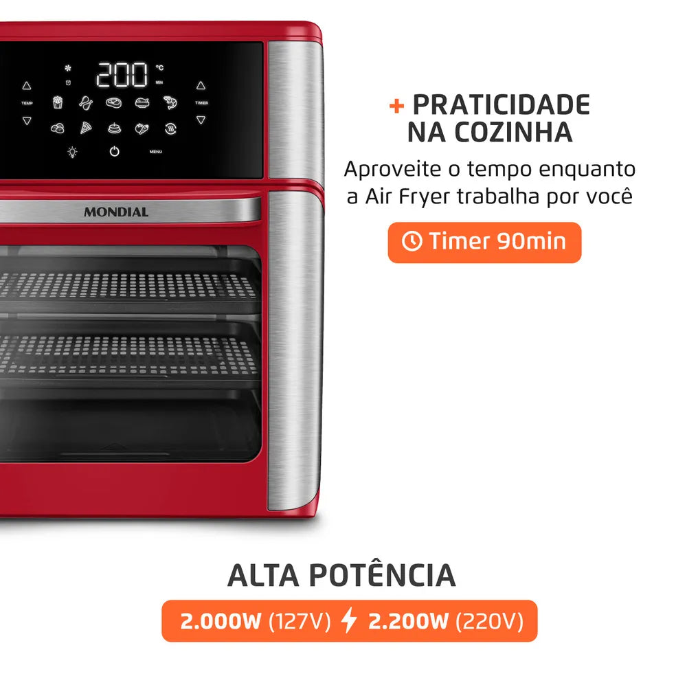 Fritadeira Air Fryer Forno Oven 12L Mondial Vermelho/Inox 2000W - AFON-12L-RI