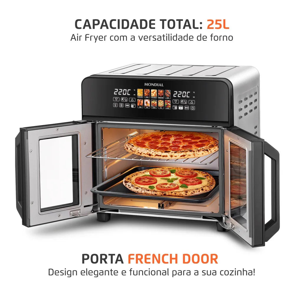 Air Fryer Forno 25L French Door Mondial Preto/Inox 2000W - AFDO-25L-FD