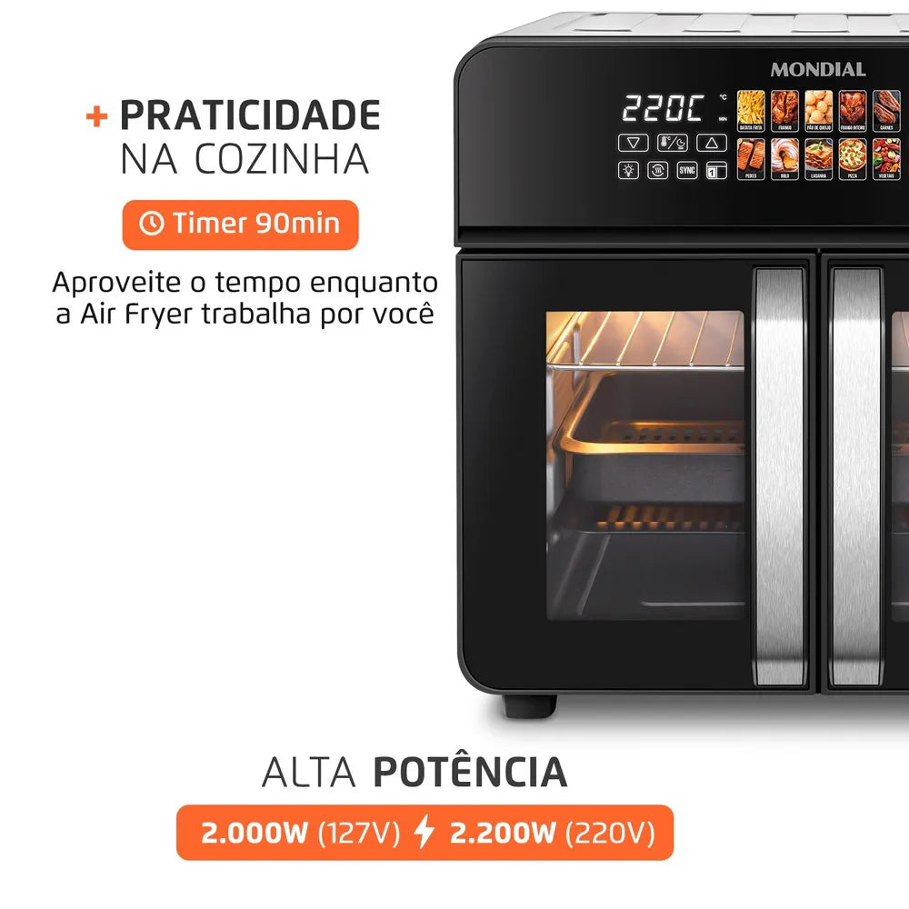 Air Fryer Forno 25L French Door Mondial Preto/Inox 2000W - AFDO-25L-FD