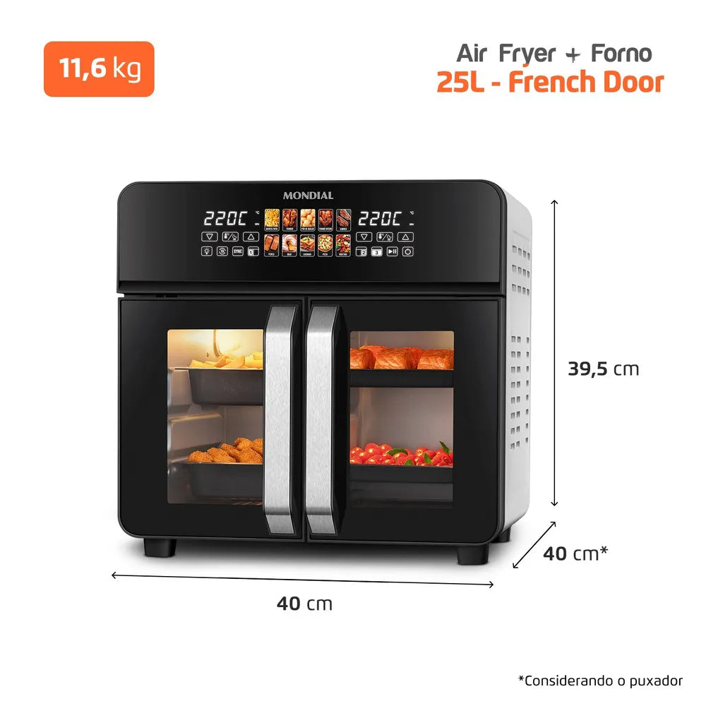 Air Fryer Forno 25L French Door Mondial Preto/Inox 2000W - AFDO-25L-FD
